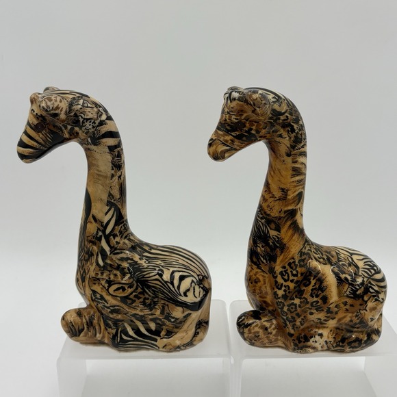 La Vie Glazed Porcelain Kneeling Giraffe Figurine Safari Patchwork Design Pair - Picture 1 of 11